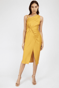 Mustard Satin Asymmetric Midi Dress from Little Mistress